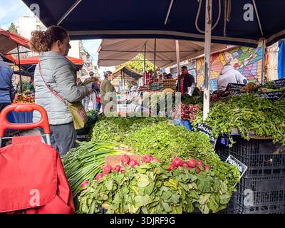 Mercato di via Kallidromiou (Laiki Agora). Autentico mercato agricolo di Atene, Grecia, con prodotti freschi e acquirenti locali. Foto Stock