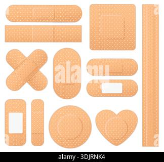 Cerotto medico realistico benda di pronto soccorso, nastro adesivo, patch medica. Cerotto per ferite e lesioni, nastro adesivo. Kit di pronto soccorso per la cura degli incidenti. Guarigione e guarigione d'emergenza. Gruppo vettoriale. Illustrazione Vettoriale