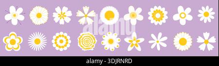 Grazioso set vettoriale con semplici fiori a margherita retrò, icone floreali a cartoni animati Illustrazione Vettoriale