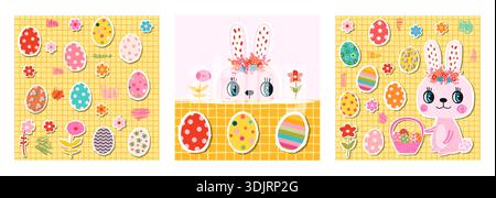 Carino set di carte vettoriali pasquali con coniglietto, cestino, uova e fiori, illustrazione Kawaii per bambini e bambini Illustrazione Vettoriale