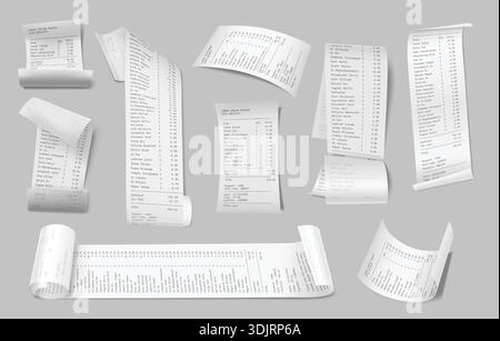 Mockup realistico 3d con ricevuta cartacea. Fattura e fattura del negozio di controllo. Ricevuta in rotoli bianchi, registrare la ricevuta stampata per la vendita. Set isolato vettoriale. Illustrazione Vettoriale