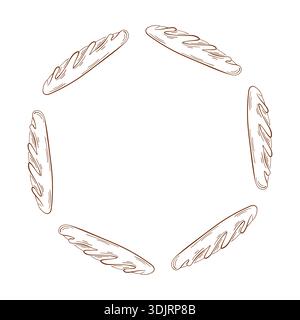 Corona baguette francese in stile art di linea. Cartina di pane per il menu della pasticceria isolata su sfondo bianco. Illustrazione Vettoriale