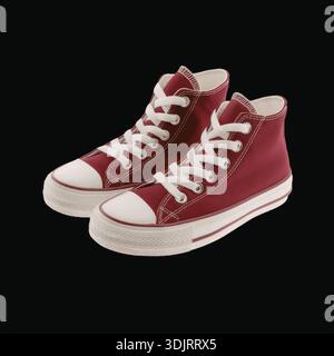 L'immagine mostra un paio di sneaker alte rosse con lacci e suola bianchi, su sfondo nero. Foto Stock