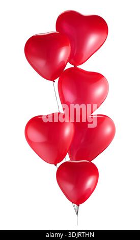 palloncini a forma di cuori rossi, disposti su uno sfondo bianco, riempiti di elio, legati insieme, fluttuano nell'aria come un bouquet verticale sotto il morbido Foto Stock
