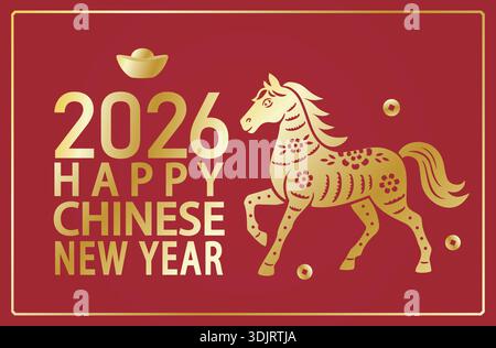 Biglietto d'auguri per il Capodanno cinese 2026. Felice Capodanno cinese 2026 segno zodiacale. Arte tradizionale tagliata in carta e stile artigianale. Cavallo d'oro sul backgrou rosso. Illustrazione Vettoriale