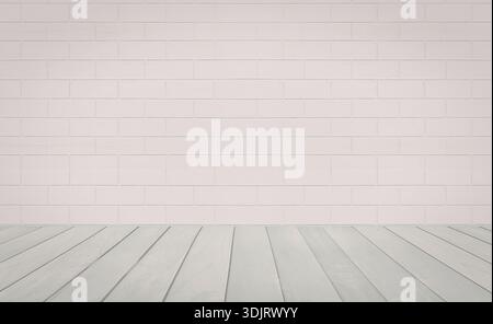 Una camera semplice e pulita con pareti in mattoni bianchi e pavimento in legno. La sala è vuota e ben illuminata, fornendo una tela bianca per vari usi. Foto Stock