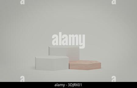 Una disposizione minimalista caratterizzata da tre forme geometriche: Un cilindro bianco, un prisma rettangolare bianco e un prisma rettangolare in legno, tutto in agains Foto Stock