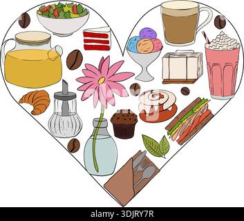Elementi caffè composizione del cuore illustrazione disegnata a mano. Grafica vettoriale con inchiostro a linee colorate. Per poster, invito, sfondo, annuncio, promozione di vendita, pr Illustrazione Vettoriale