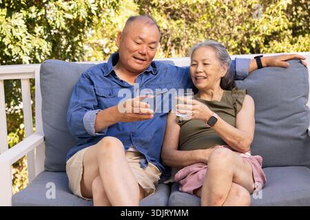 Coppia asiatica senior che solleva bicchieri d'acqua in un informale brindisi seduti su un amorino grigio sul ponte di legno Foto Stock