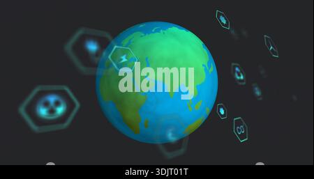 Visualizzazione del globo stilizzato che ruota su un cruscotto digitale scuro, con icone esagonali brillanti Foto Stock