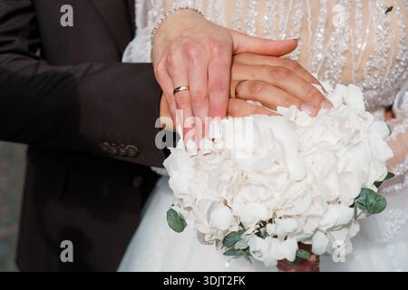 Un romantico primo piano di una sposa e di uno sposo intrecciati tra mani che reggono un lussureggiante bouquet di ortensie bianche, che mostra le loro fedi nuziali, con un pizzo dettagliato Foto Stock