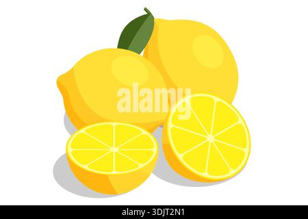 Illustrazione isometrica di limone intero e metà tagliata con foglia verde. Agrumi gialli freschi per tè, succo di frutta e uno stile di vita sano. Cibo biologico acido Illustrazione Vettoriale