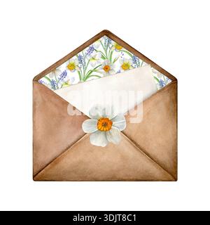 Busta aperta con lettera, fodera floreale e sigillo narciso. Illustrazione ad acquerello dipinta a mano isolata su un bianco. Ottimo per gli inviti Foto Stock