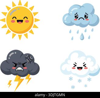 Icone meteo Kawaii con facce carine, illustrazione vettoriale piatta di Sole, pioggia, tempesta e neve Illustrazione Vettoriale
