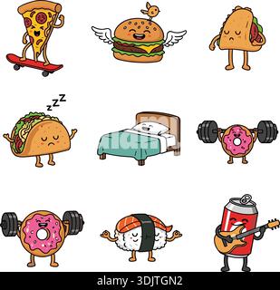 Carino Kawaii personaggi del fast food con divertenti facce illustrazione vettoriale piatta isolata sul bianco Illustrazione Vettoriale