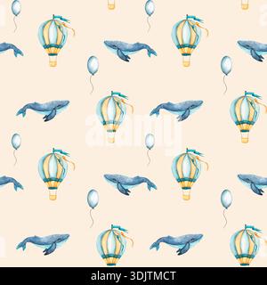Motivo senza cuciture con palloncini ad aria calda, palloncini e balene. Palloncini con carta da parati per bambini e balena azzurra. Illustrazione in acquerello di galleggiante Foto Stock
