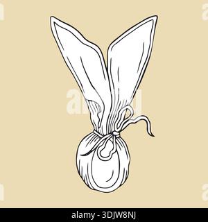 Illustrazione disegnata a mano dell'uovo di Pasqua con un fiocco in stile grafico dettagliato su sfondo beige Illustrazione Vettoriale