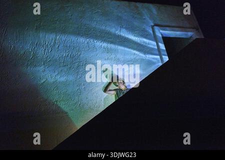 Una persona si erge contro una parete esterna testurizzata di una casa immobiliare illuminata da luce blu, creando un'atmosfera tranquilla di notte, ristrutturata Foto Stock