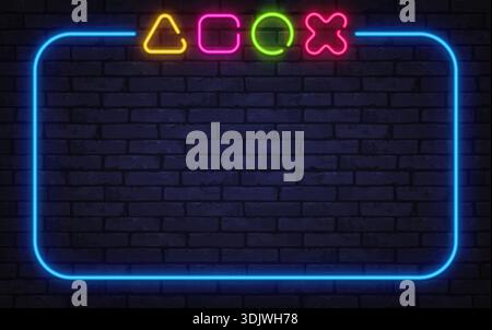 Simboli al neon minimali ispirati ai controller di gioco su uno sfondo di mattoni scuri. L'estetica informatica elegante è adatta per il branding tecnologico, il design dell'interfaccia utente o la creatività Illustrazione Vettoriale