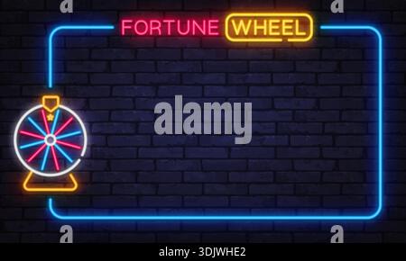 Ruota al neon della fortuna illuminata su uno sfondo di mattoni con bordo incorniciato. Atmosfera di gioco fortunata ideale per videografica, concorsi o materiali promozionali del casinò Illustrazione Vettoriale