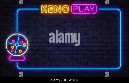 Insegna della lotteria al neon keno con numeri brillanti e cornice decorativa. Accattivante vettore perfetto per annunci di casinò, piattaforme di scommesse o cartellonistica digitale. Illustrazione Vettoriale