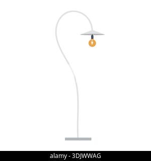 Piantana con base grigia e paralume bianco. Lampadina gialla con contorno nero. Illustrazione vettoriale piatta per interni domestici Illustrazione Vettoriale