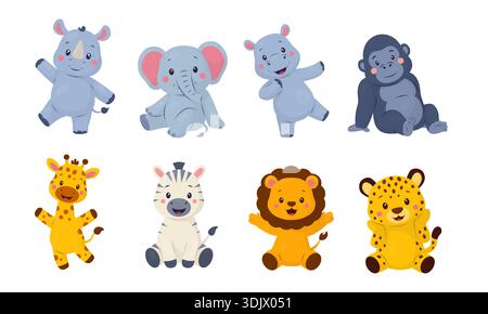 Un set di simpatici animali da safari: Un elefante, un rinoceronte, un ippopotamo, un gorilla, una giraffa, una zebra, un leone e un leopardo. Illustrazione Vettoriale
