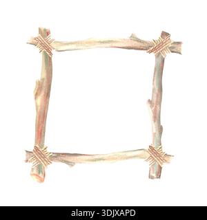 Una struttura triangolare realizzata con bastoncini di legno legati con corda, dipinta a mano con acquerelli su sfondo isolato. Una semplice cornice boho per interi Foto Stock