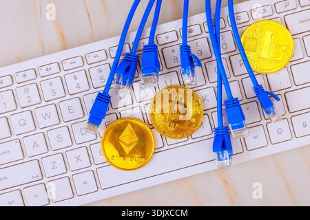 Sulla tastiera sono presenti varie monete di criptovaluta con cavi di rete collegati in impostazione digitale. Foto Stock