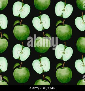 Mele verdi motivo senza cuciture acquerello con frutti interi e fette tagliate a metà, foglie e steli delicati, soffici lavaggi verdi e ombre delicate su sfondo bianco, acquerello disegnato a mano c Foto Stock