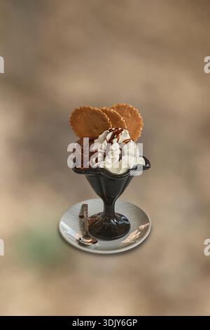Sundae di gelato gourmet al cioccolato e alla vaniglia con panna montata e cialde in vetro nero, sfondo minimalista con spazio per copie per il design Foto Stock