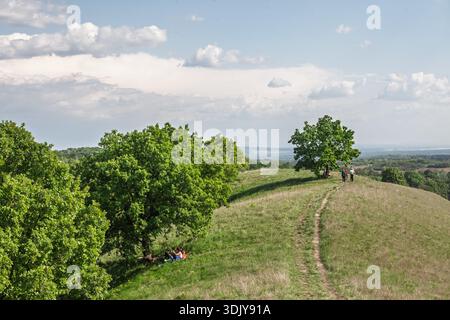 ZAGAJICKA BRDA, SERBIA - 1 MAGGIO 2025: Escursionisti camminano e riposano sulla cresta erbosa di Zagajicka brda, Banat, Vojvodina, Serbia, seguendo un sentiero sterrato con Foto Stock