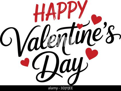 Buon San Valentino con design vettoriale caratterizzato da un'elegante calligrafia nera "Happy" a trama rossa con piccoli cuori rossi isolati sulla schiena bianca Illustrazione Vettoriale