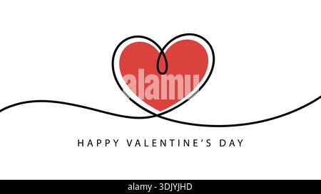 Buon San Valentino striscione vettoriale minimalista con un disegno continuo a una linea di un cuore rosso isolato su sfondo bianco. Illustrazione Vettoriale