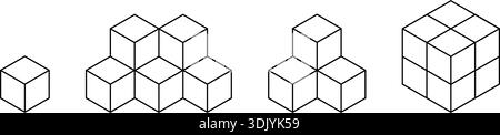 Set di forme a cubo in diverse disposizioni isolate su sfondo bianco. Giocattoli da costruzione. Forme cubiche isometriche. Ghiaccio o mattoni da zucchero, sagome a scatola. Illustrazione grafica vettoriale. Illustrazione Vettoriale