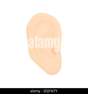 Illustrazione vettoriale di un orecchio umano isolato su sfondo bianco. Design semplice e pulito che rappresenta l'udito, il suono, la comunicazione, l'ascolto e la consapevolezza Illustrazione Vettoriale
