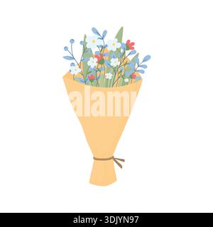 Un mazzo di fiori disegnati a mano in carta da imballaggio gialla su sfondo bianco. Illustrazioni della molla. Illustrazioni per l'8 marzo, il 14 febbraio, ecc. Illustrazione Vettoriale