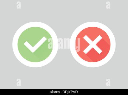 Sì e nessun segno. Segno verde con un segno di spunta e segno rosso con una croce. Simboli per l'accordo e il rifiuto. Illustrazione Vettoriale