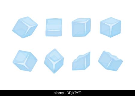 Una serie di cubetti di ghiaccio da diverse angolazioni su sfondo bianco, isolati. Elemento per la preparazione di bevande analcoliche. Illustrazione Vettoriale