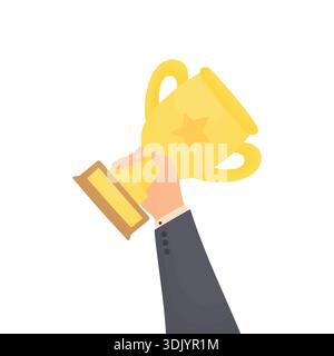 Uomo d'affari che tiene a mano una tazza dorata su sfondo bianco. Concetto di raggiungimento degli obiettivi in azienda. Illustrazione Vettoriale