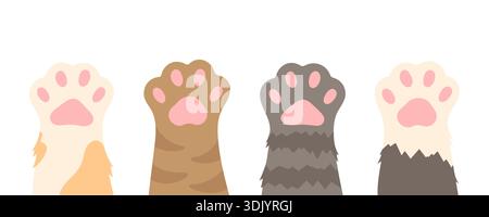 Set vettoriale di simpatiche zampe di gatto. Zampe di gatto diverse. Collezione di piedini per animali domestici con pellicce diverse. Gatti giornalieri internazionali. Illustrazione Vettoriale