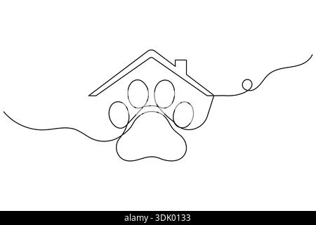 Zampa di cane sotto il tetto della casa continua su una linea disegnando un'illustrazione vettoriale minimalista Illustrazione Vettoriale