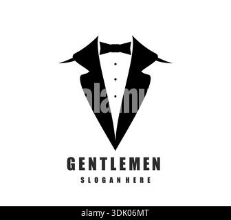 Icona del marchio gentiluomo smoking o simbolo del negozio. Abito di lusso uomo emblema vettoriale del marchio di moda, distintivo o simbolo da atelier per gentiluomo smoking. Icona o simbolo del negozio di abbigliamento Dandy Club o del negozio di abbigliamento di sposo Illustrazione Vettoriale