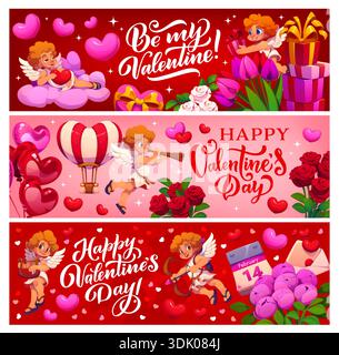 Buon San Valentino ama i banner vettoriali delle vacanze. Cartoni animati cartoni animati cupidi con cuori di San Valentino, romantiche confezioni regalo, fiori e palloncini, biglietti d'amore per le vacanze o striscioni con saluti Illustrazione Vettoriale