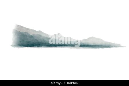 Disegna montagne di acquerello in tonalità grigio-verde che formano una distanza per il paesaggio marino con la costa.con lavaggi sciolti e bordi morbidi,per Foto Stock