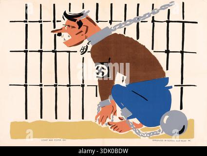 Questo poster propagandistico sovietico del 1941, riprodotto da Russian War Relief Inc., raffigura un Adolf Hitler caricaturato imprigionato e incatenato con una palla e una catena, simboleggiando l'imminente caduta del suo regime. Viene mostrato con bracciali di svastica e un'espressione minacciosa, intrappolato dietro le sbarre della prigione. Foto Stock
