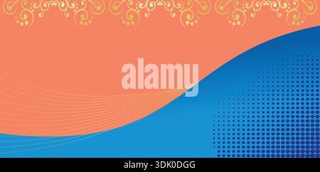 Sfondo decorativo con sezioni divise in rosso e blu con ornamenti floreali dorati sulla parte superiore e motivo a mezzitoni blu per biglietti d'auguri festivi de Illustrazione Vettoriale