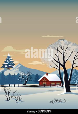 Paesaggio invernale con casa rossa innevata e catena montuosa ghiacciata sotto il cielo dorato del tramonto per il biglietto d'auguri delle festività natalizie e il paesaggio paesaggistico sul retro Illustrazione Vettoriale
