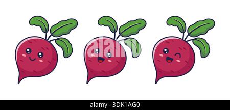 Simpatica radice di barbabietola Kawaii con diverse emozioni illustrazione dell'icona del cartone animato. Icona piatta di verdure alimentari isolata su sfondo bianco. Barbabietola, mascotte in stile Doodle. Vettore Illustrazione Vettoriale