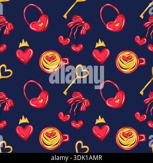 Motivo di San Valentino senza cuciture con cuori, tazze da caffè, chiavi, fiocchi e simboli romantici, vettoriale in stile cartoni animati disegnati a mano Illustrazione Vettoriale